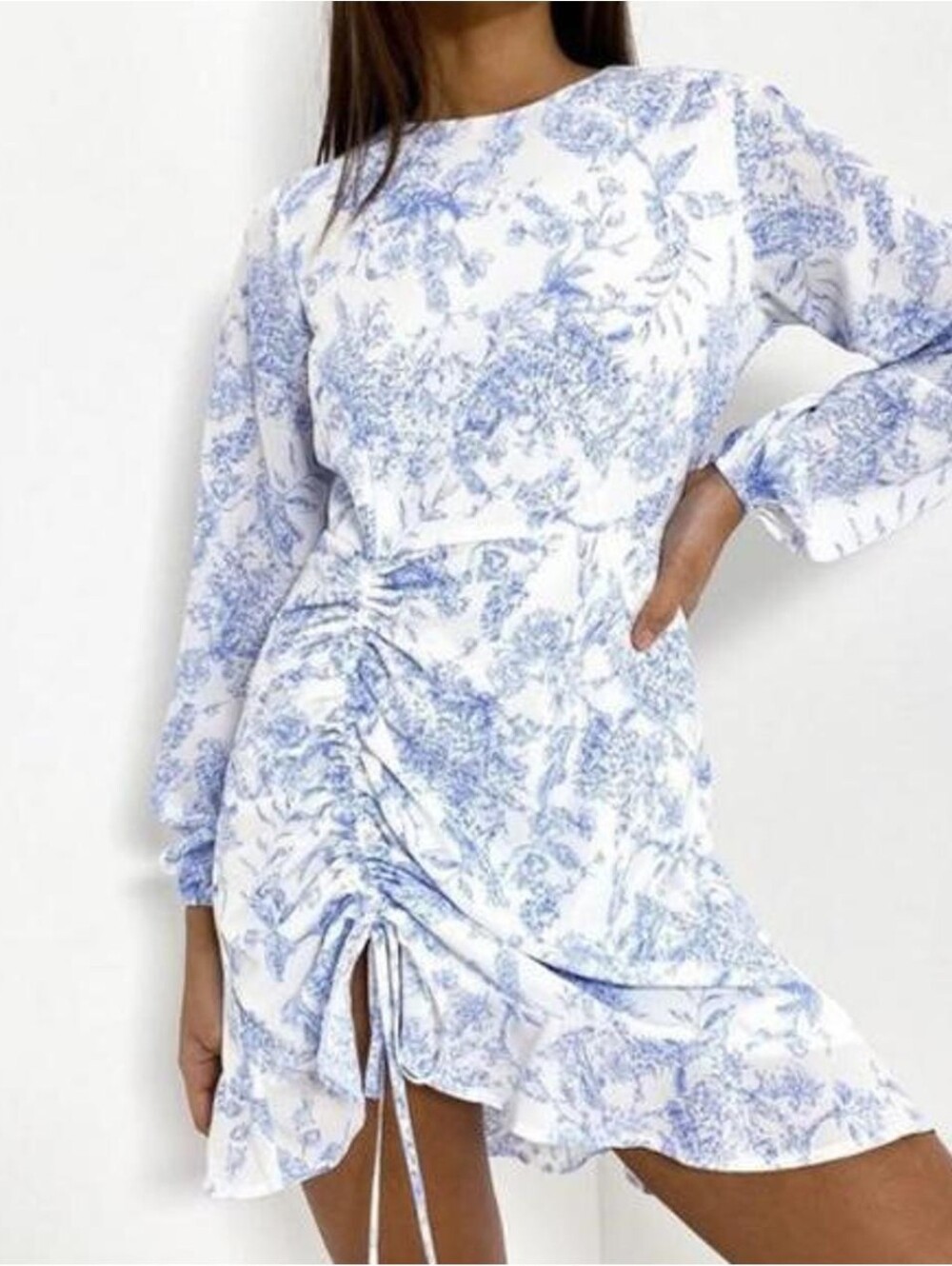 Missguided French Toille White Light Blue Floral Ruched Long-Sleeve Mini Dress